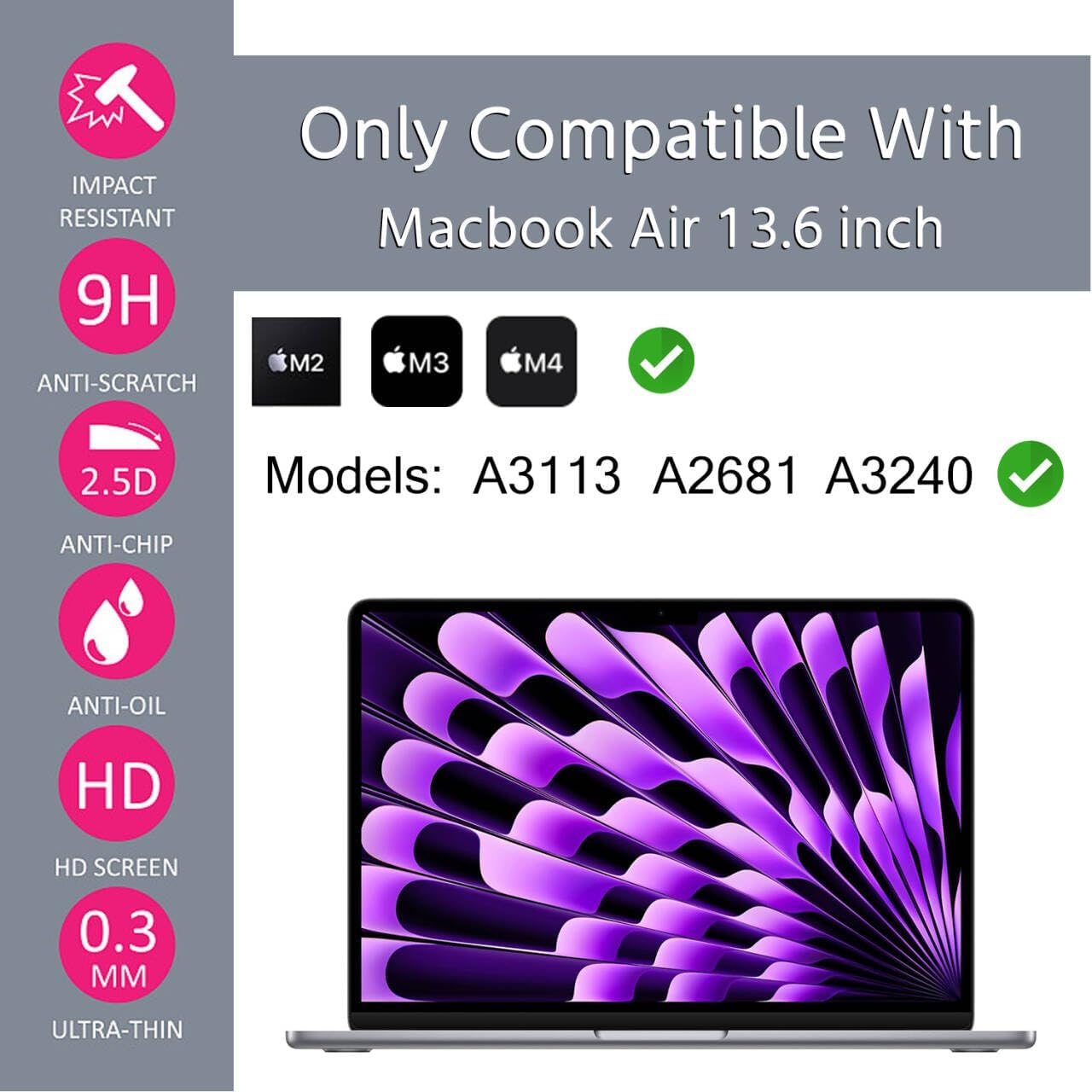 Tempered Glass Screen Protector for 2026-2022 MacBook Air M5 M4 M3 M2 13.6 (A3449 A3240 A3113 A2681), MacBook Air 13 M5 M4 M3 M2 Chip Screen Protector [9H Hardness] [No bubbles] [Anti Fingerprint]